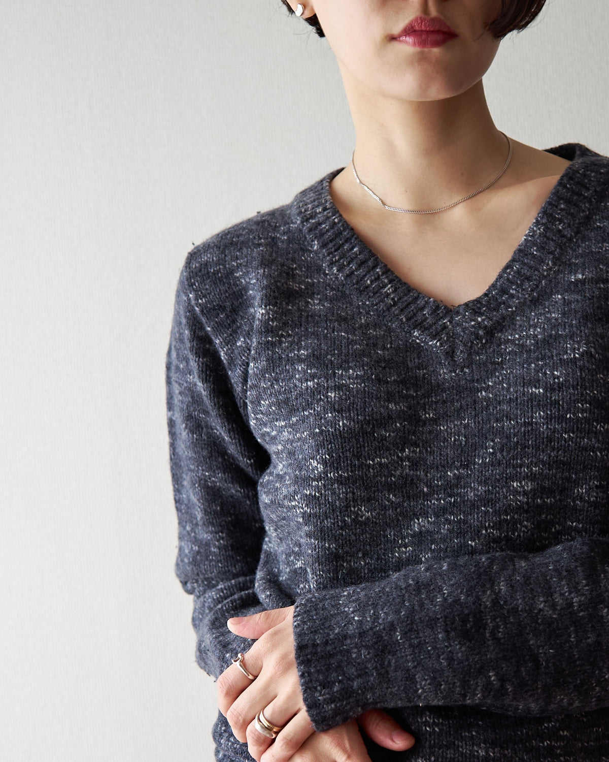 【SIZE S-M】90s agnès b. WOOL MELANGE V-NECK KNIT / Charcoal