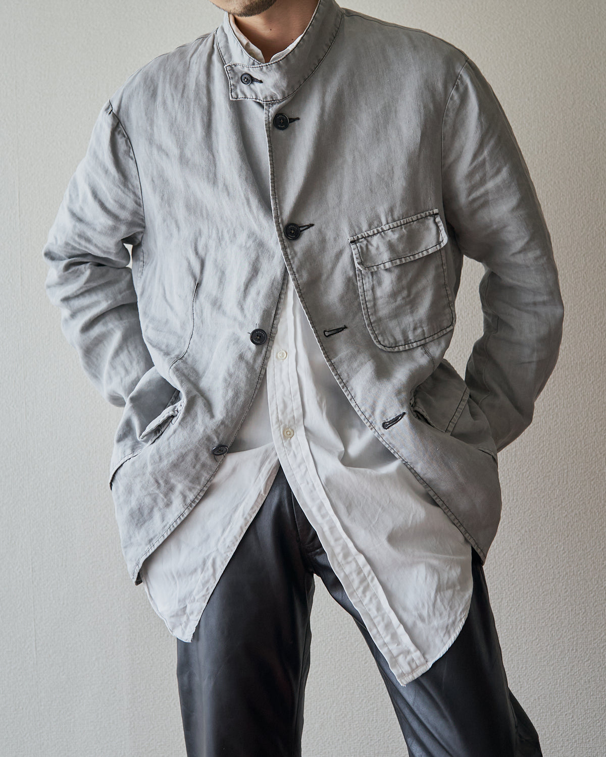 【SIZE : M-L】 ARMANI JEANS Garment-Dyed Linen Field Jacket / Light Grey