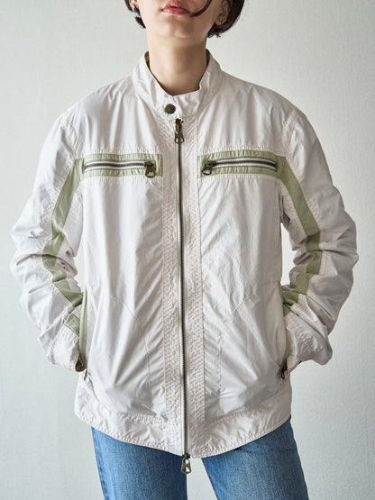 【SIZE M】2000s ARMANI JEANS PU-Coated Racing Stripe Moto Jacket / Ivory Sage Line