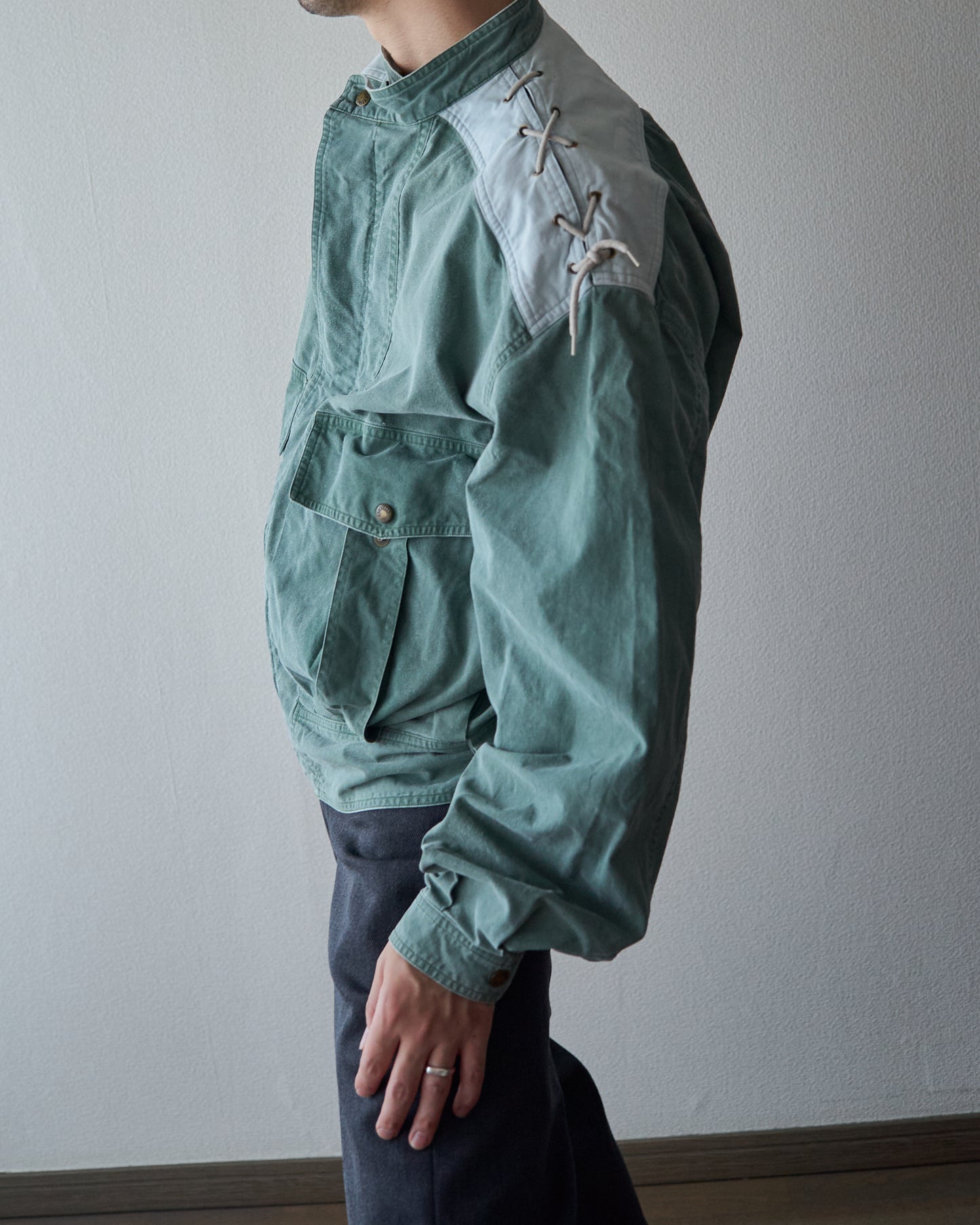 90s ALLEGRI Two-Tone  Lace-Up Shoulder Cotton Blouson / Sage