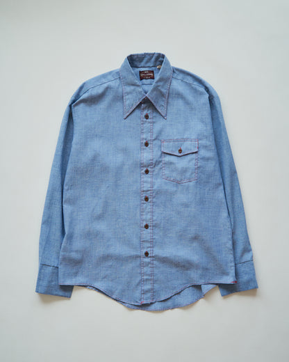 【SIZE M-L】70-80s HOUSE OF HANOVER Contrast-Stitch Poly-Cotton Western Chambray Shirt / Blue