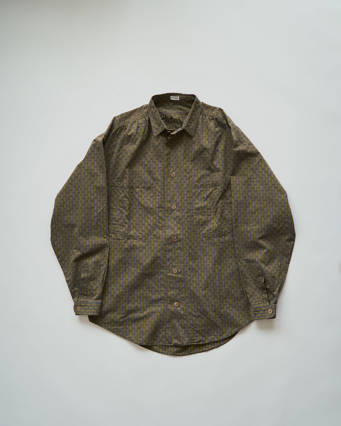 80-90s RENOMA PARIS Cotton Dobby-Striped Balloon Sleeve Shirt / Mustard Grey × Charcoal