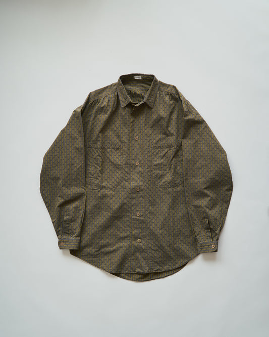 【Size S-M】80-90s RENOMA PARIS Cotton Dobby-Striped Balloon Sleeve Shirt / Mustard Grey × Charcoal
