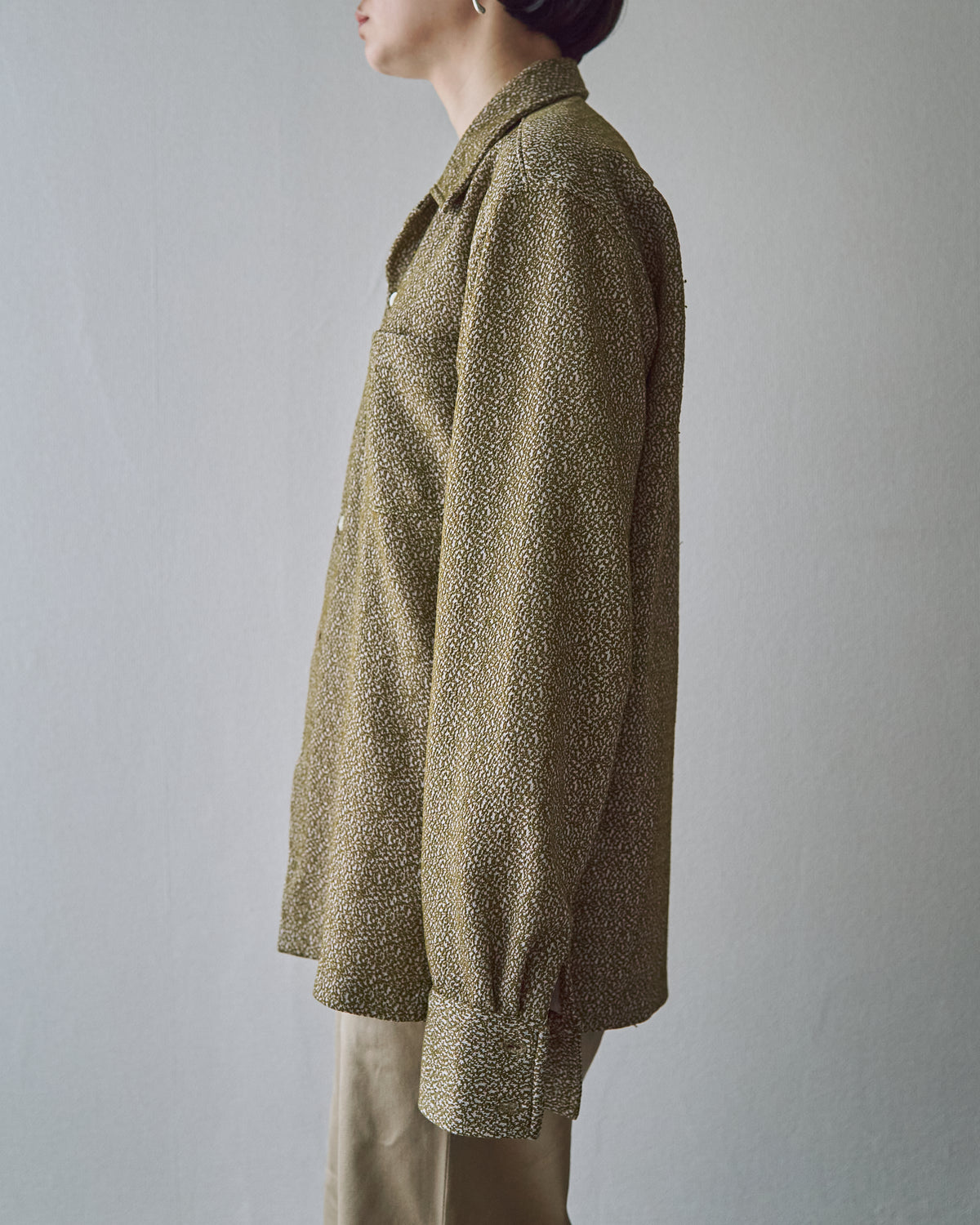 【SIZE M-L】70s Jacquard Knit Open Collar Shirt / Olive Ivory