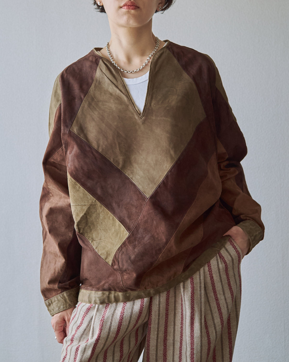 【SIZE S】70s Geometric Patchwork Suede Pullover / Tonal Brown