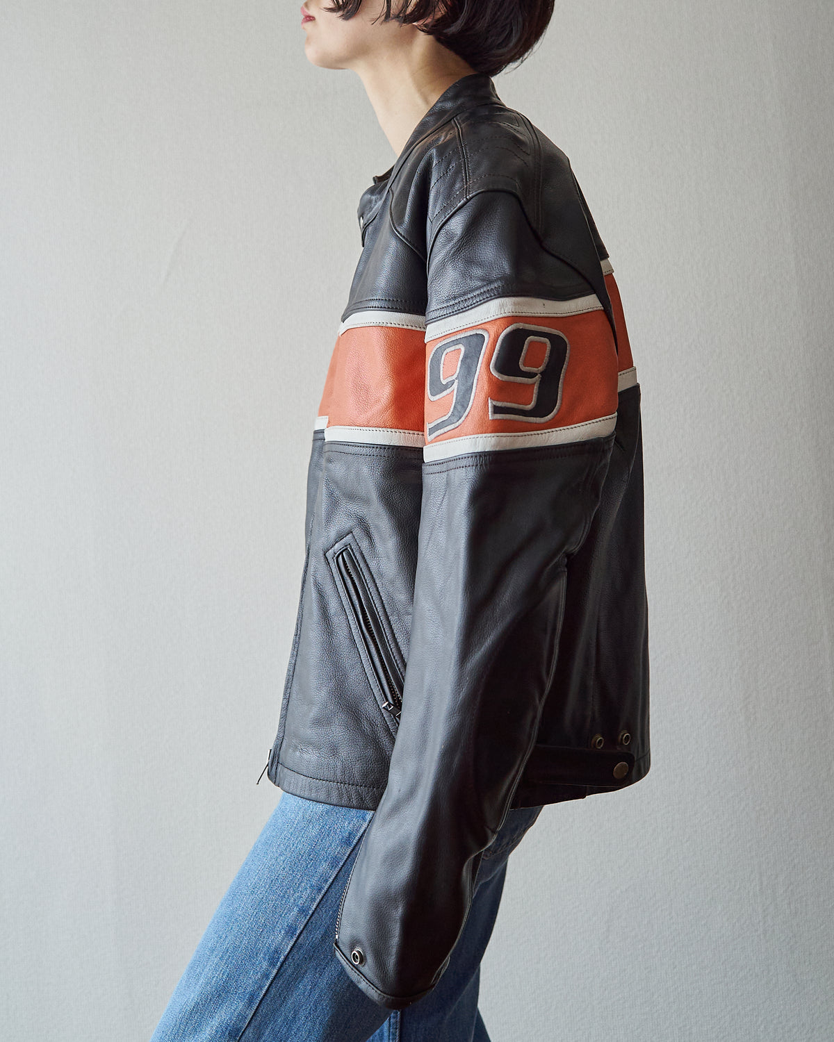 【SIZE S-M】80-90s HEIN GERICKE Colorblock Leather Racing Jacket / Black Orange