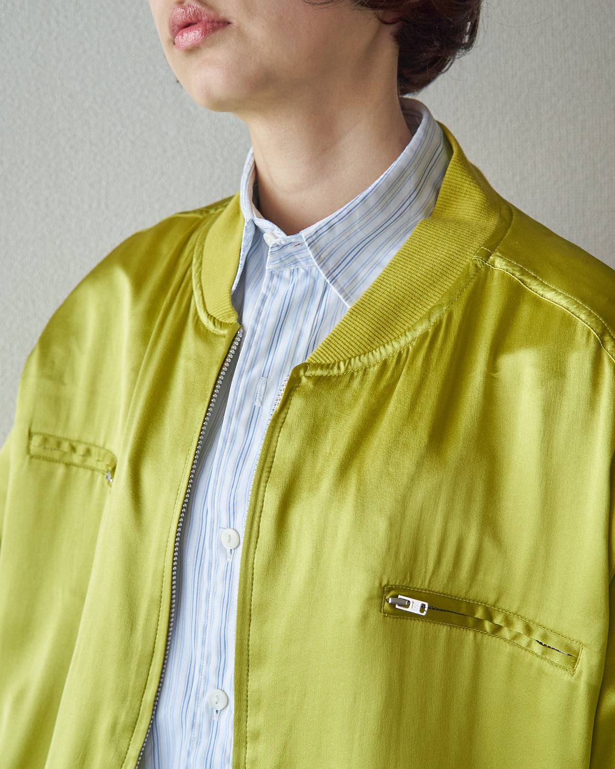 【SIZE S-M】2010s CHICO'S DESIGN Silk Satin MA-1 Bomber / Chartreuse Yellow