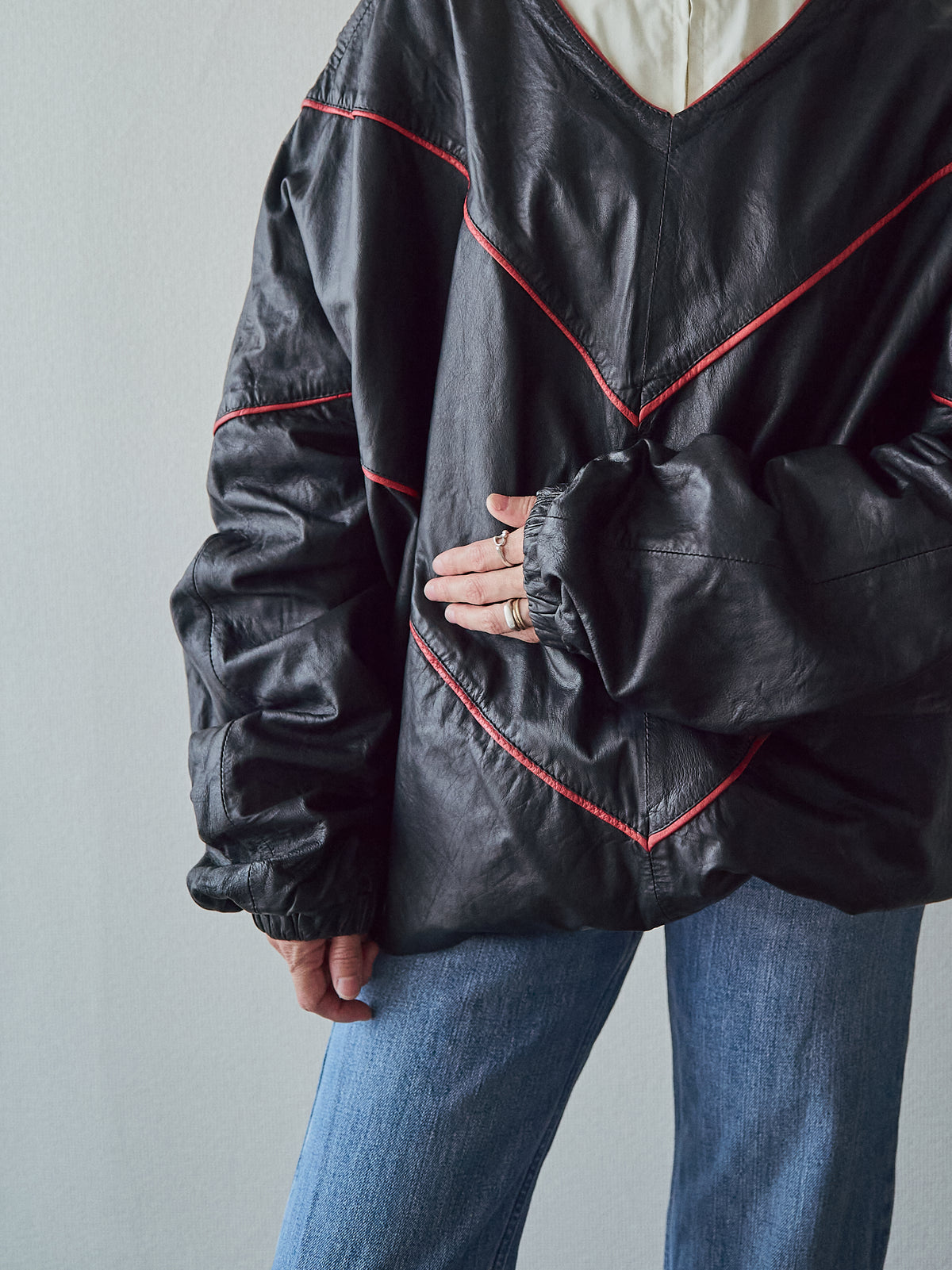 【SIZE XL】80s Shoulder-Snap Oversized Piping Leather Pullover / Black Red Piping