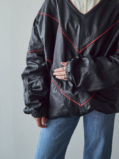 【SIZE XL】80s Shoulder-Snap Oversized Piping Leather Pullover / Black Red Piping