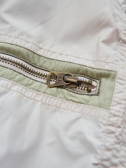 【SIZE M】2000s ARMANI JEANS PU-Coated Racing Stripe Moto Jacket / Ivory Sage Line