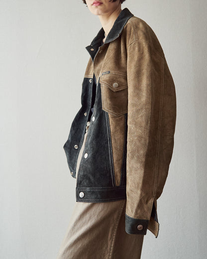 【SIZE M-L】90s DIESEL Suede Two-Tone Trucker Jacket / Beige Black
