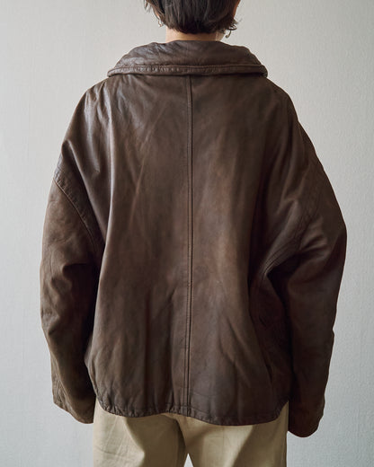 【SIZE S-M】80s Italian Leather Fireman  Hooded Jacket / Brown