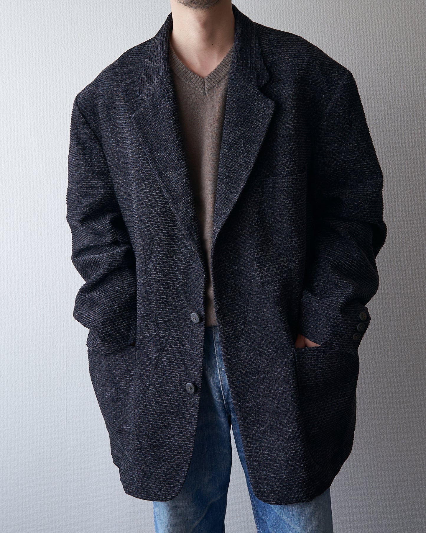90s JHANE BARNES Wool/Linen Textured boucle Jacket / Black