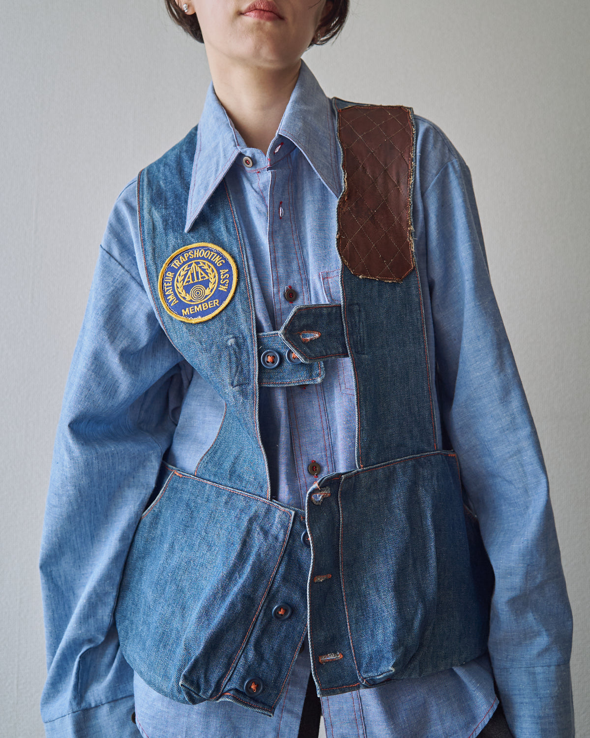 【SIZE M】60-70s Denim Leather Recoil-Pad  Shooting Vest / Orange Stitch