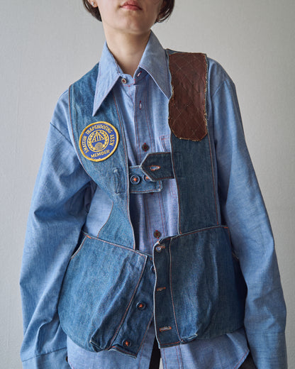 【SIZE M】60-70s Denim Leather Recoil-Pad  Shooting Vest / Orange Stitch