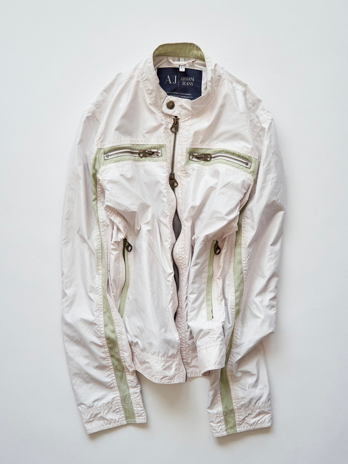 【SIZE M】2000s ARMANI JEANS PU-Coated Racing Stripe Moto Jacket / Ivory Sage Line