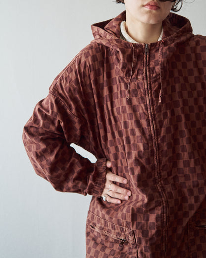 【M-L】90s MARIMEKKO Cotton Checkerboard Print Hooded Parka / Brown