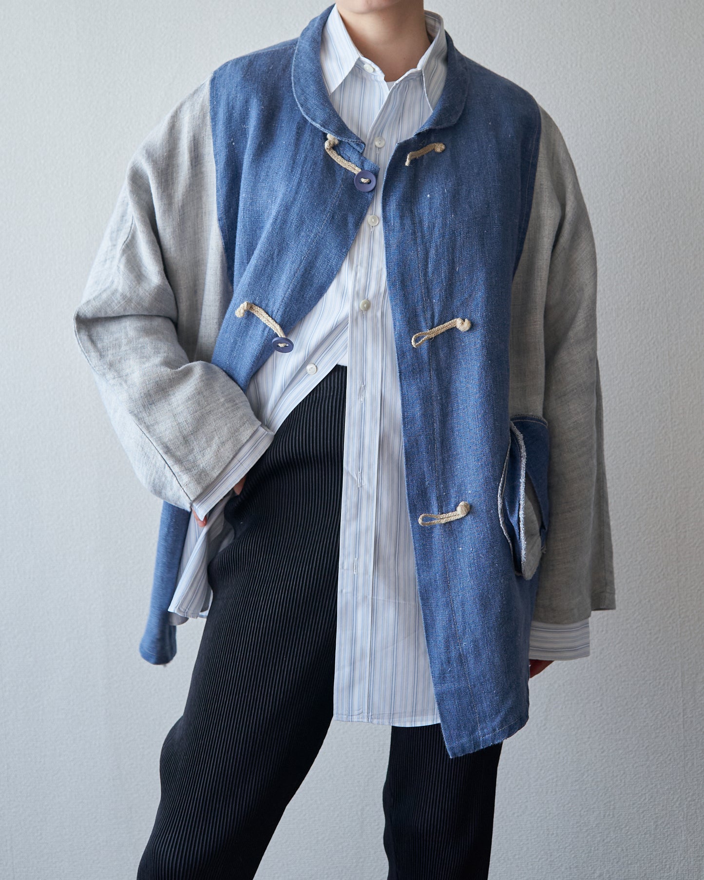 80-90s Circular Pocket Switching Linen Jacket / Blue × Gray