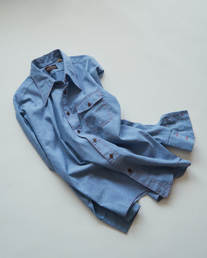 【SIZE M-L】70-80s HOUSE OF HANOVER Contrast-Stitch Poly-Cotton Western Chambray Shirt / Blue