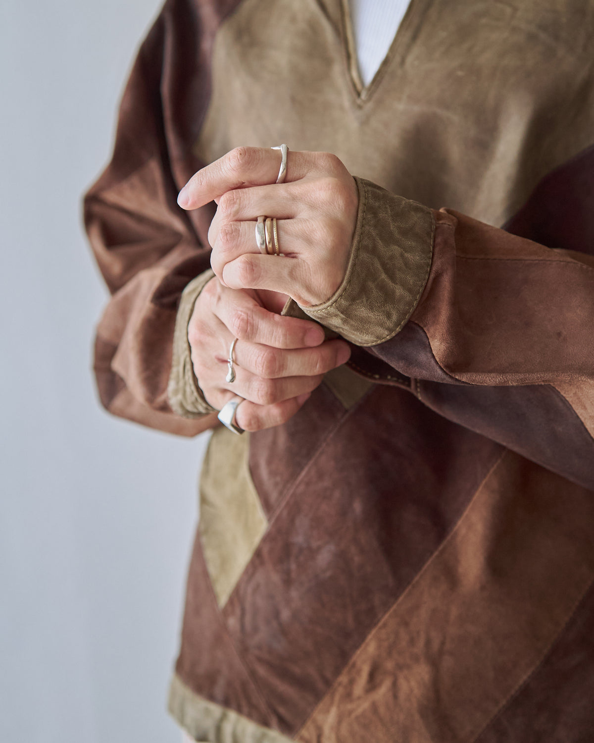 【SIZE S】70s Geometric Patchwork Suede Pullover / Tonal Brown