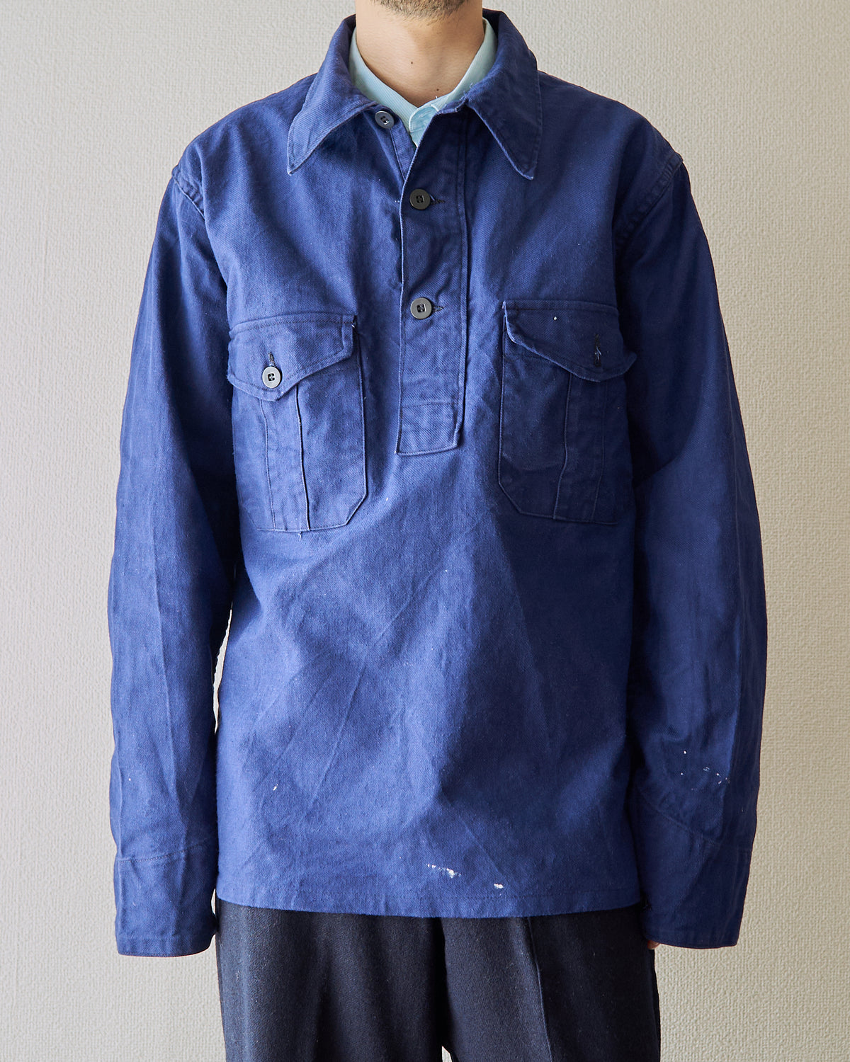 【SIZE M-L】70's Swedish Military Cotton Twill Pullover Shirt / Ink Blue