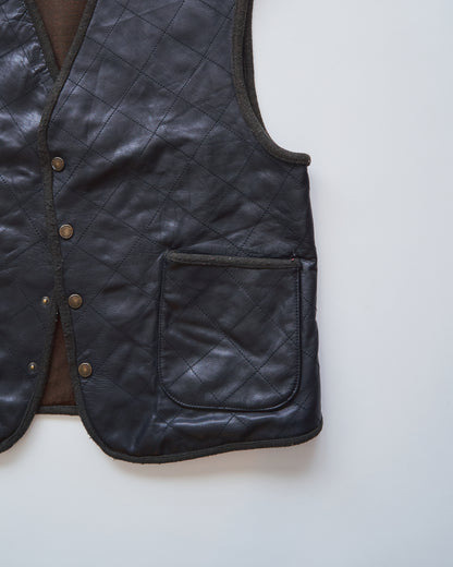 【SIZE L】HUGO BOSS Leather & Wool Panel Quilted Gilet / Black