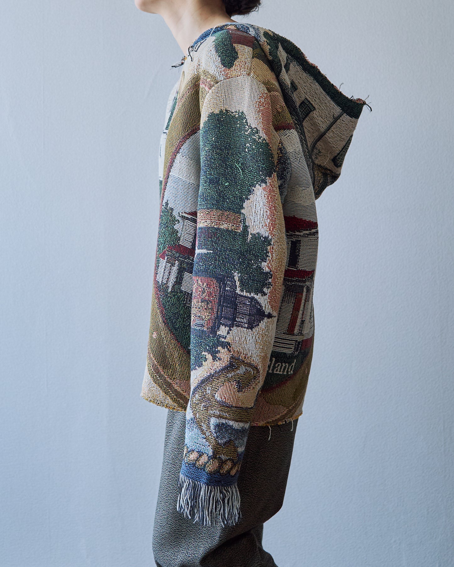 Lighthouse Jacquard Tapestry Remake Hoodie / Fringe Trim Multi