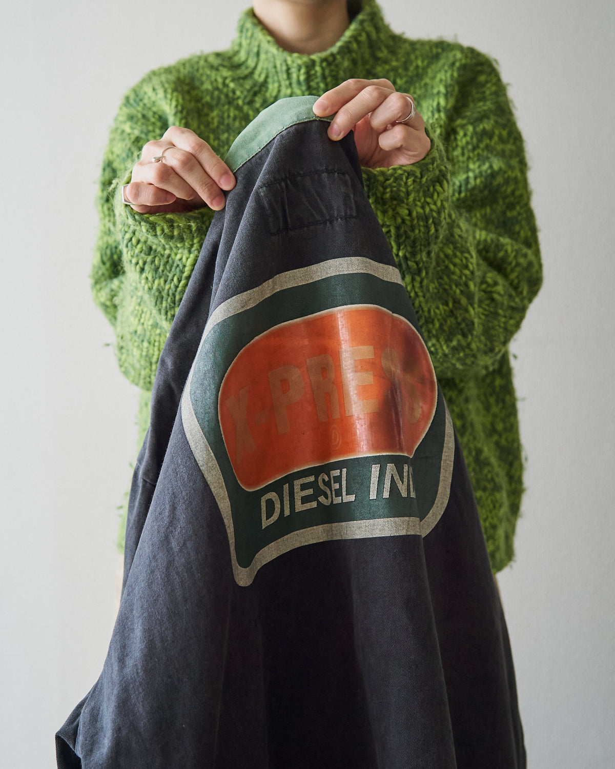 【SIZE L】90s DIESEL Industry Cotton Twill Contrast Collar Work Jacket / Black x Moss Green