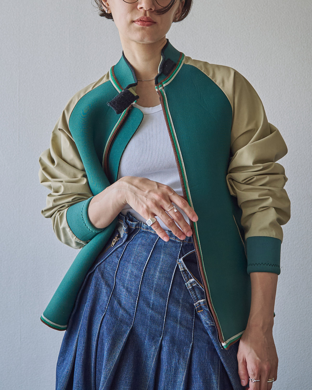 【SIZE S】1980-90s Neoprene Switching Jacket / Green × Beige