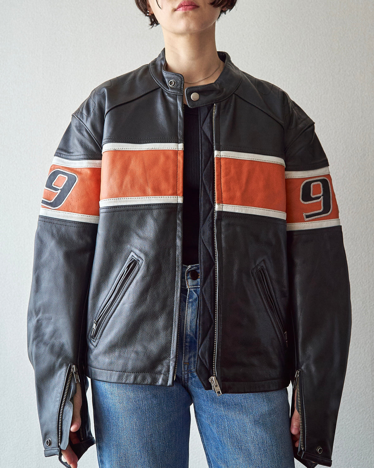 【SIZE S-M】80-90s HEIN GERICKE Colorblock Leather Racing Jacket / Black Orange