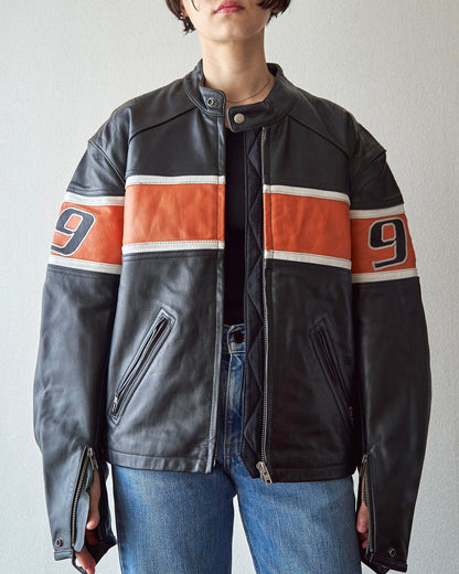 【SIZE S-M】80-90s HEIN GERICKE Colorblock Leather Racing Jacket / Black Orange