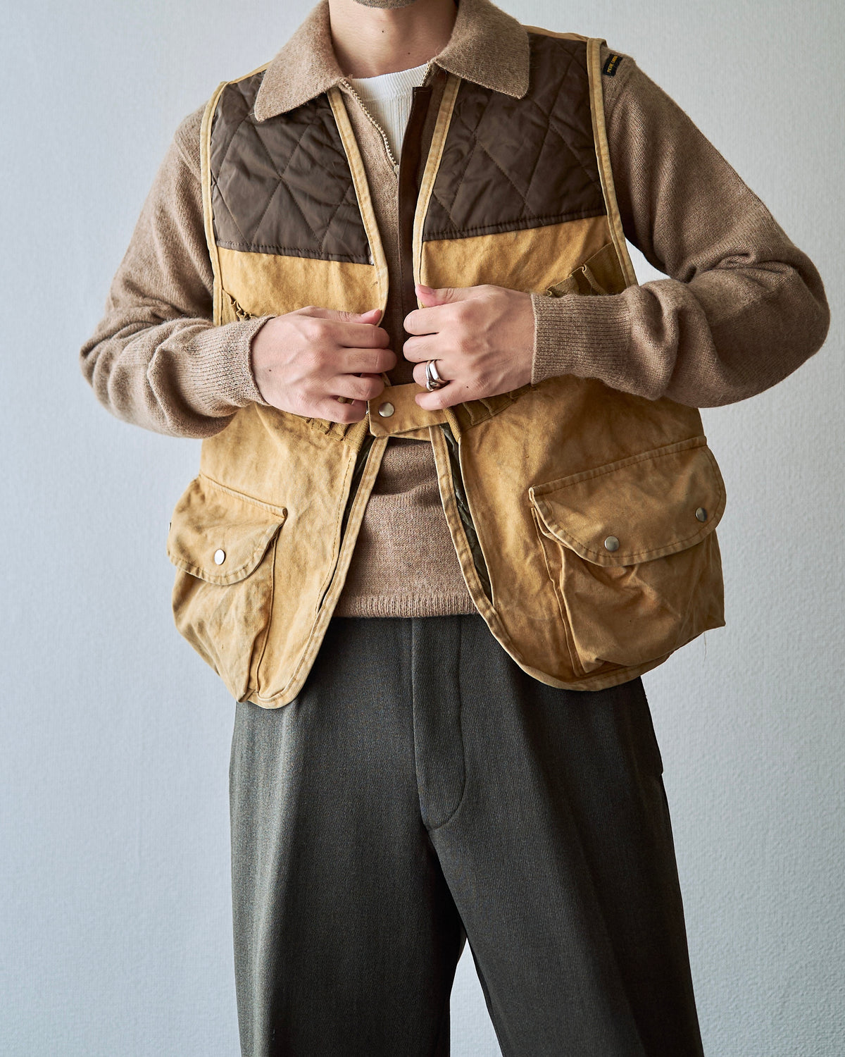 【SIZE M】70s US Cotton Duck Quilted-Yoke Hunting Vest / Tan