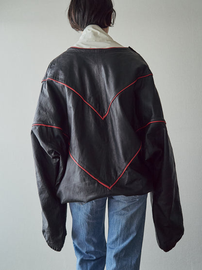 【SIZE XL】80s Shoulder-Snap Oversized Piping Leather Pullover / Black Red Piping