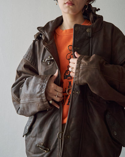 【SIZE S-M】80s Italian Leather Fireman  Hooded Jacket / Brown