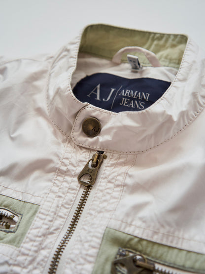 【SIZE M】2000s ARMANI JEANS PU-Coated Racing Stripe Moto Jacket / Ivory Sage Line