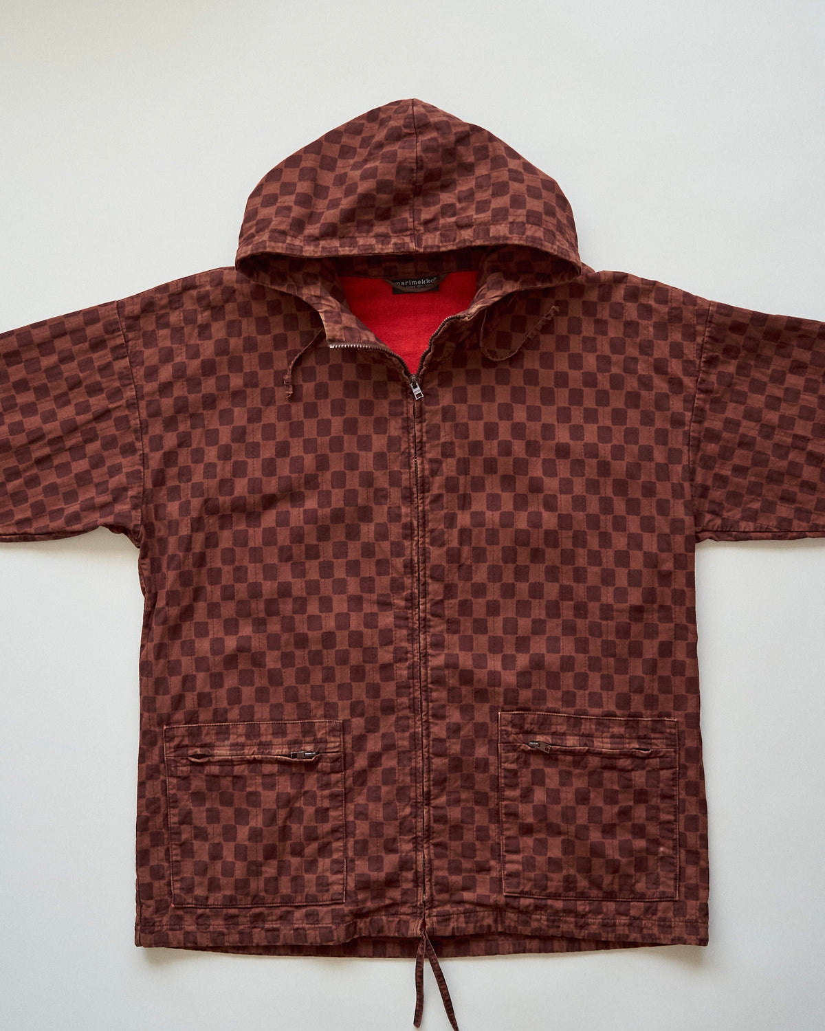 【M-L】90s MARIMEKKO Cotton Checkerboard Print Hooded Parka / Brown