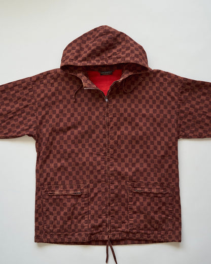 【M-L】90s MARIMEKKO Cotton Checkerboard Print Hooded Parka / Brown