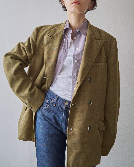【SIZE M】70s Notch Lapel Double Breasted Tailored Jacket / Mustard Olive