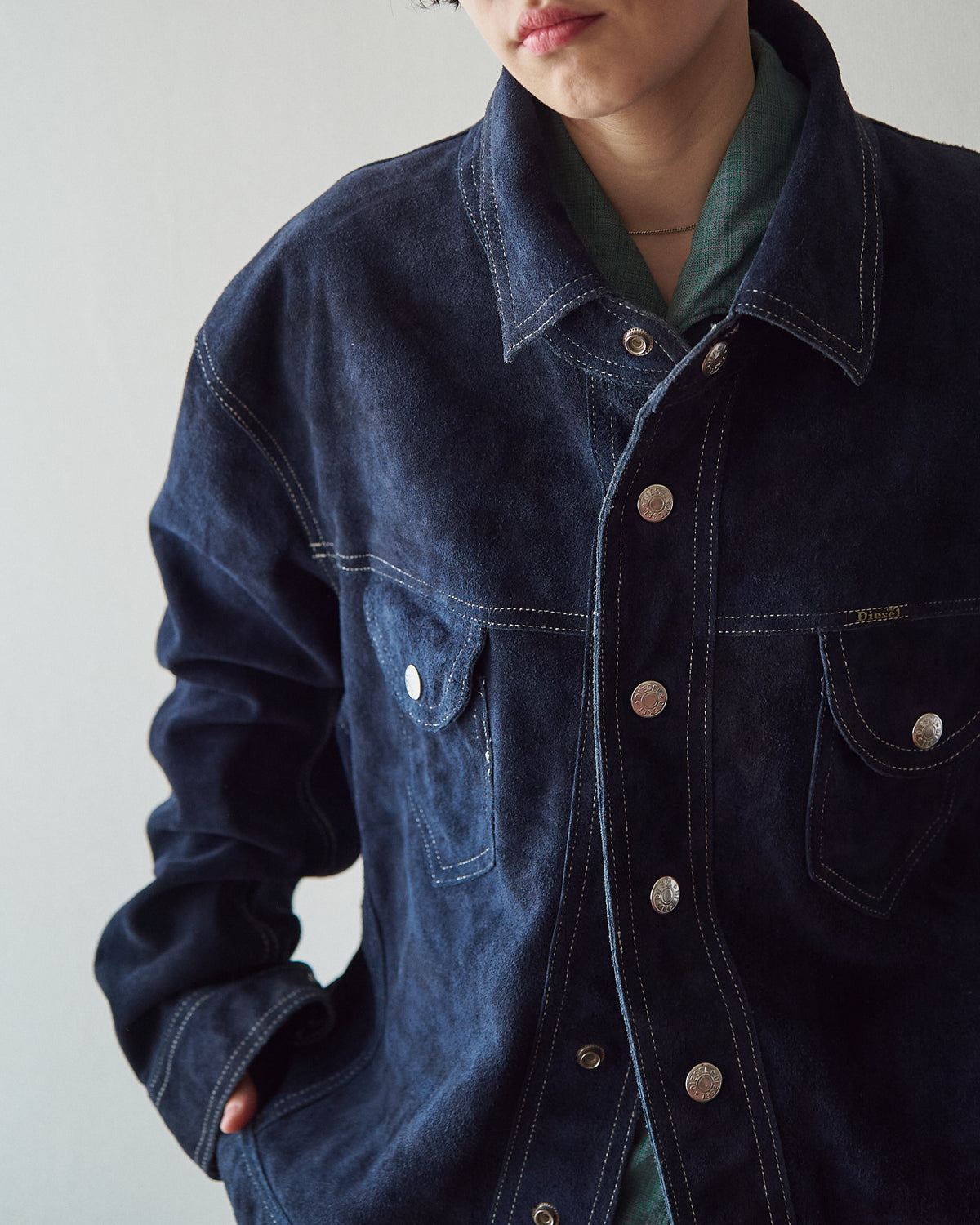 【SIZE L】90s-00s DIESEL Suede Reversible Trucker Jacket / Navy