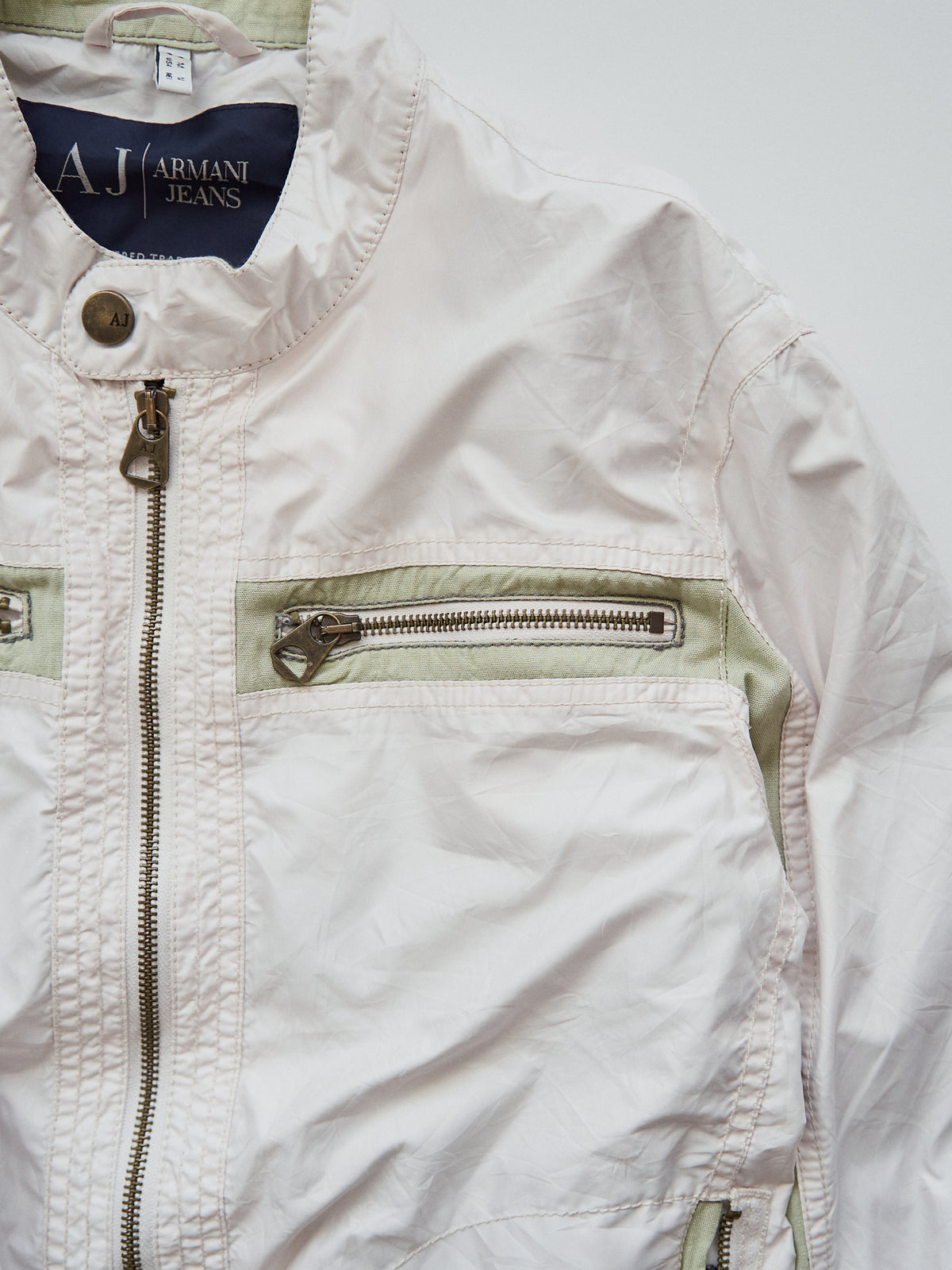 【SIZE M】2000s ARMANI JEANS PU-Coated Racing Stripe Moto Jacket / Ivory Sage Line