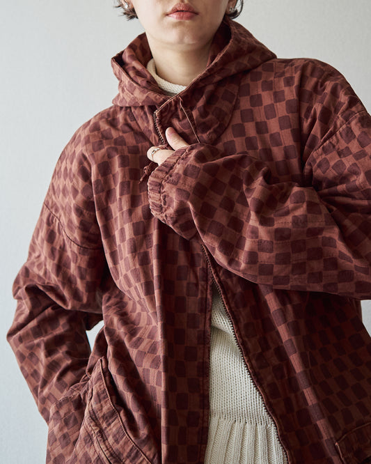 【M-L】90s MARIMEKKO Cotton Checkerboard Print Hooded Parka / Brown