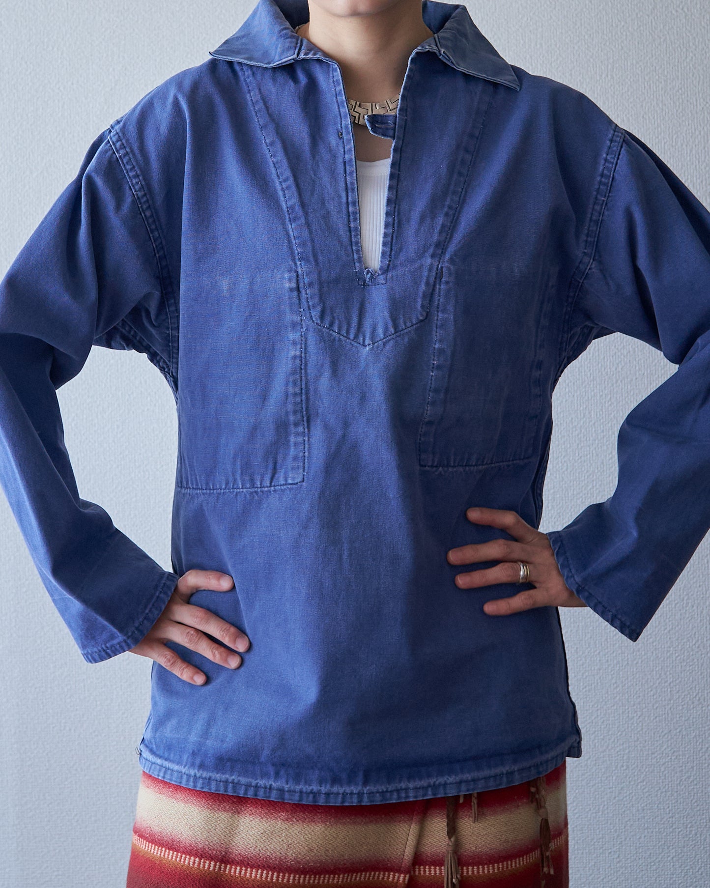 ~70s LE GLAZIK Cotton Canvas Faded French Fisherman Pullover Smock / Blue