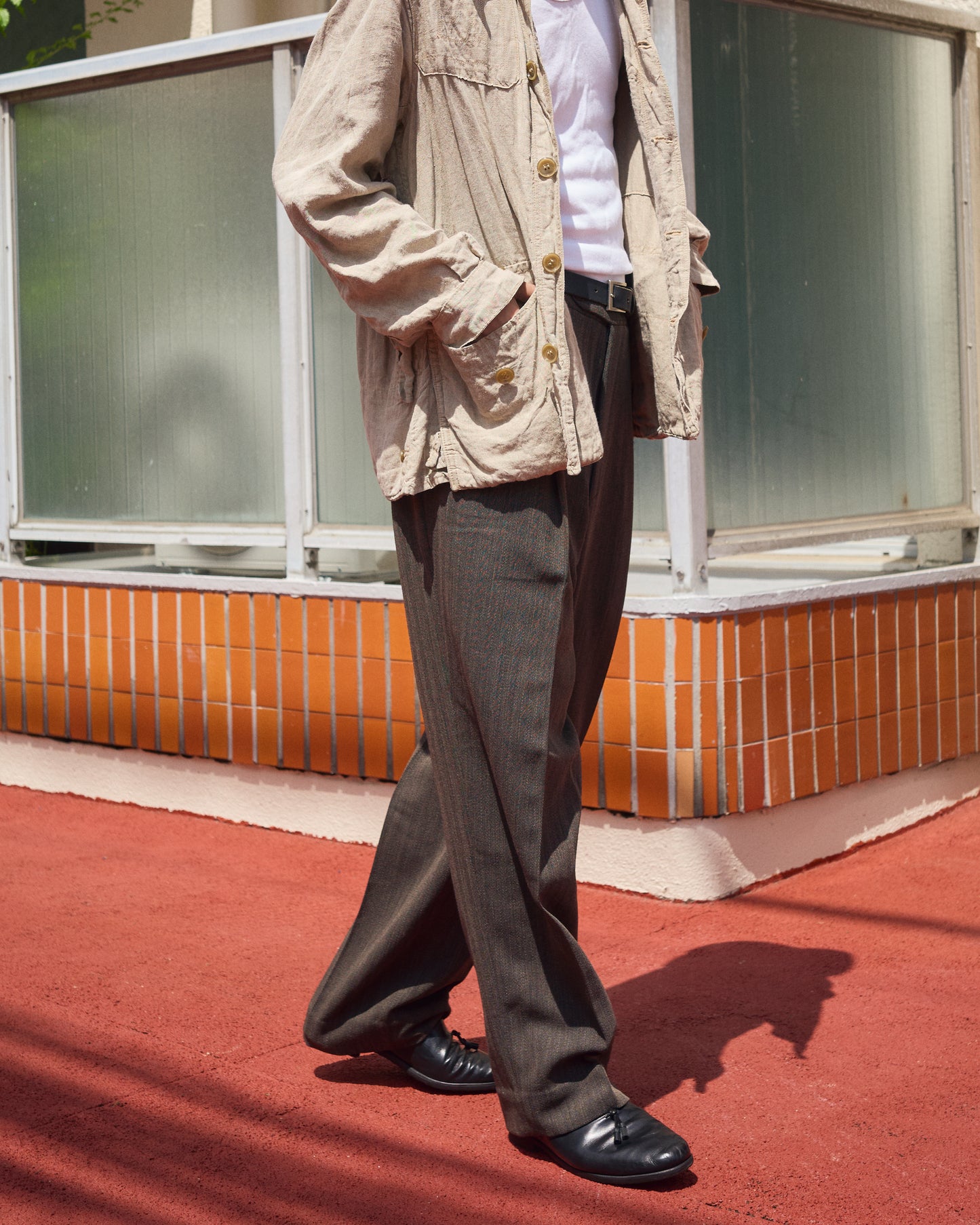 【Size S】 80-90s Italy Light Wool 3Tuck Summer Trousers / Brown