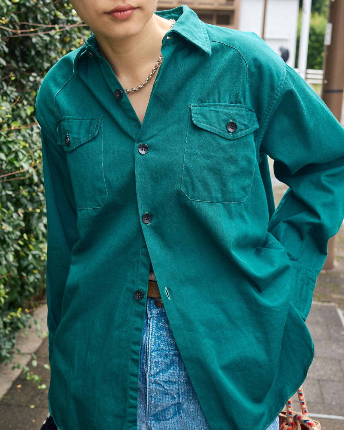 【SIZE S】1950-60s French Cotton Twill Back-Button Work Shirt / Deep Teal