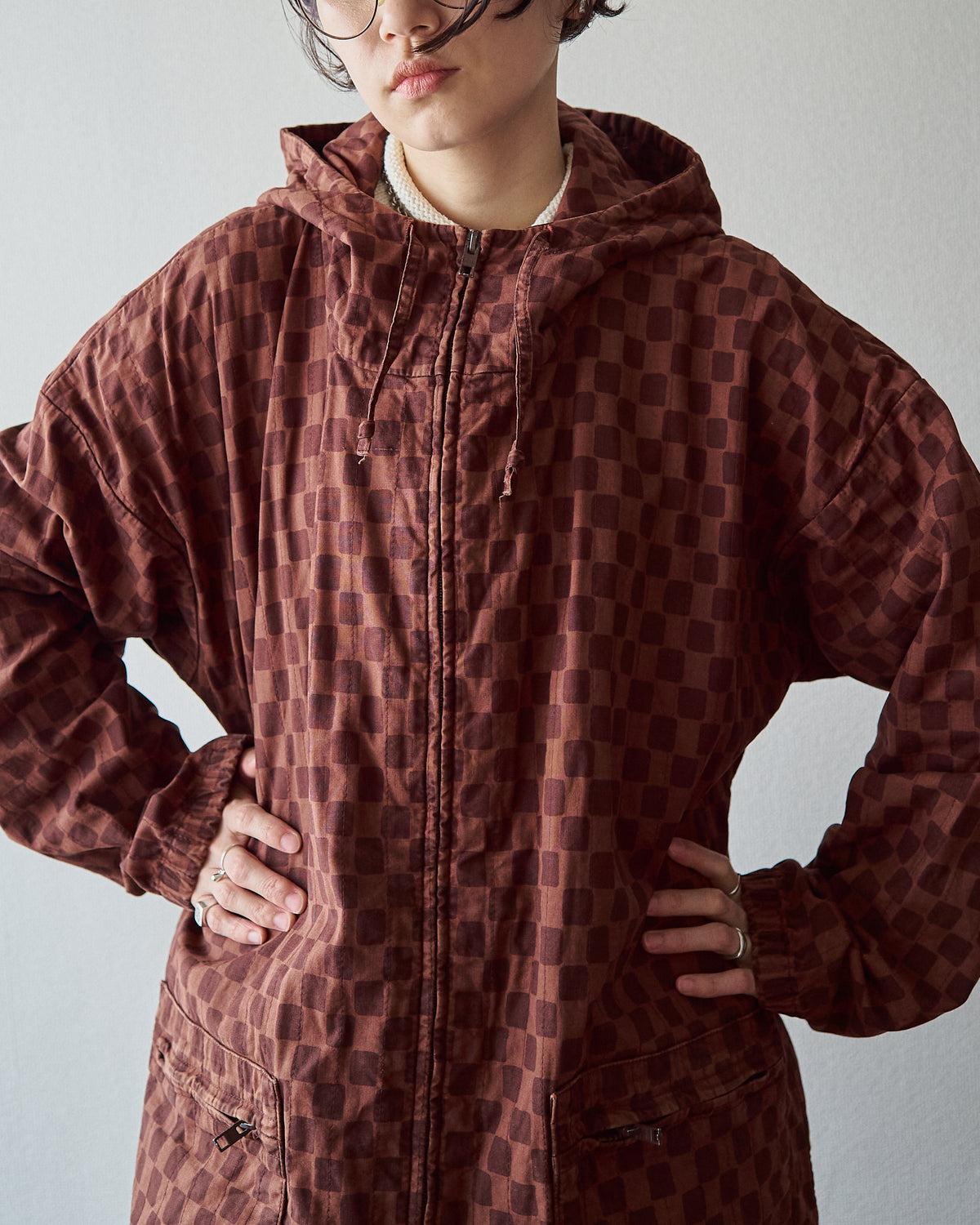【M-L】90s MARIMEKKO Cotton Checkerboard Print Hooded Parka / Brown