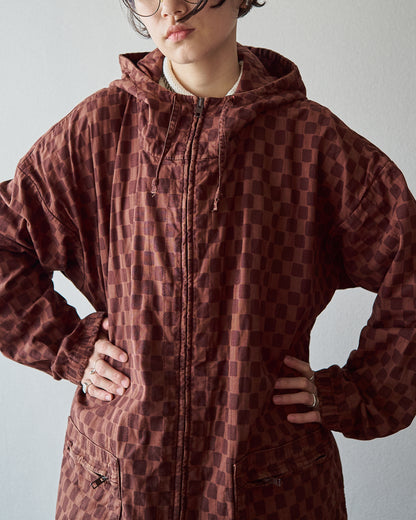 【M-L】90s MARIMEKKO Cotton Checkerboard Print Hooded Parka / Brown