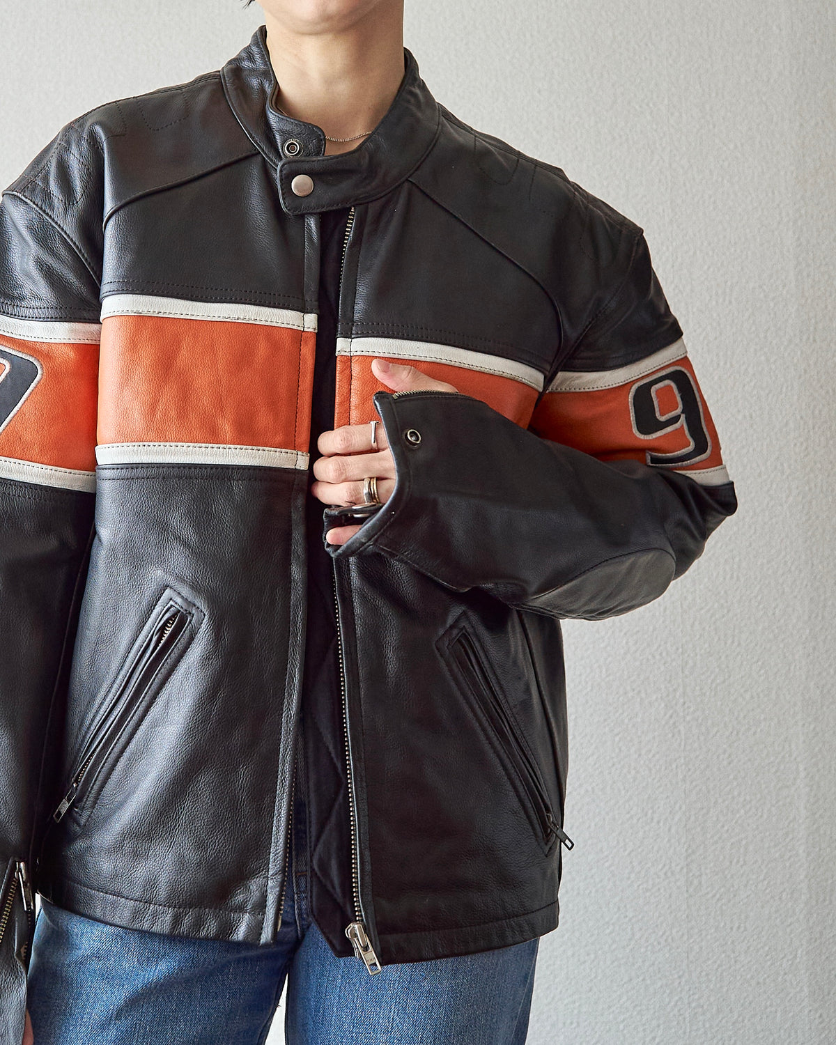 【SIZE S-M】80-90s HEIN GERICKE Colorblock Leather Racing Jacket / Black Orange