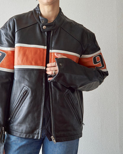 【SIZE S-M】80-90s HEIN GERICKE Colorblock Leather Racing Jacket / Black Orange