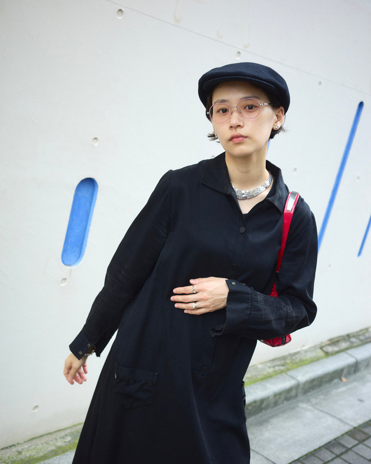 【SIZE S】-1940s French Black Cotton Sateen Maid Dress / Hand-Darned Repairs