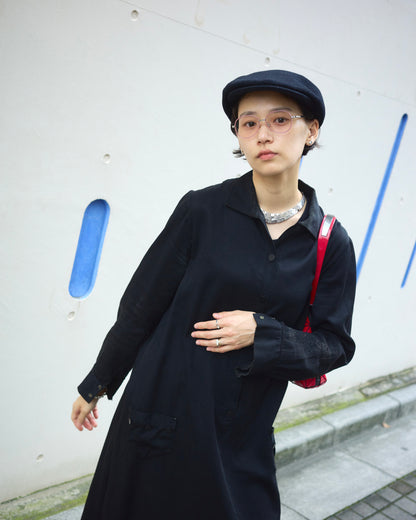 【SIZE S】-1940s French Black Cotton Sateen Maid Dress / Hand-Darned Repairs